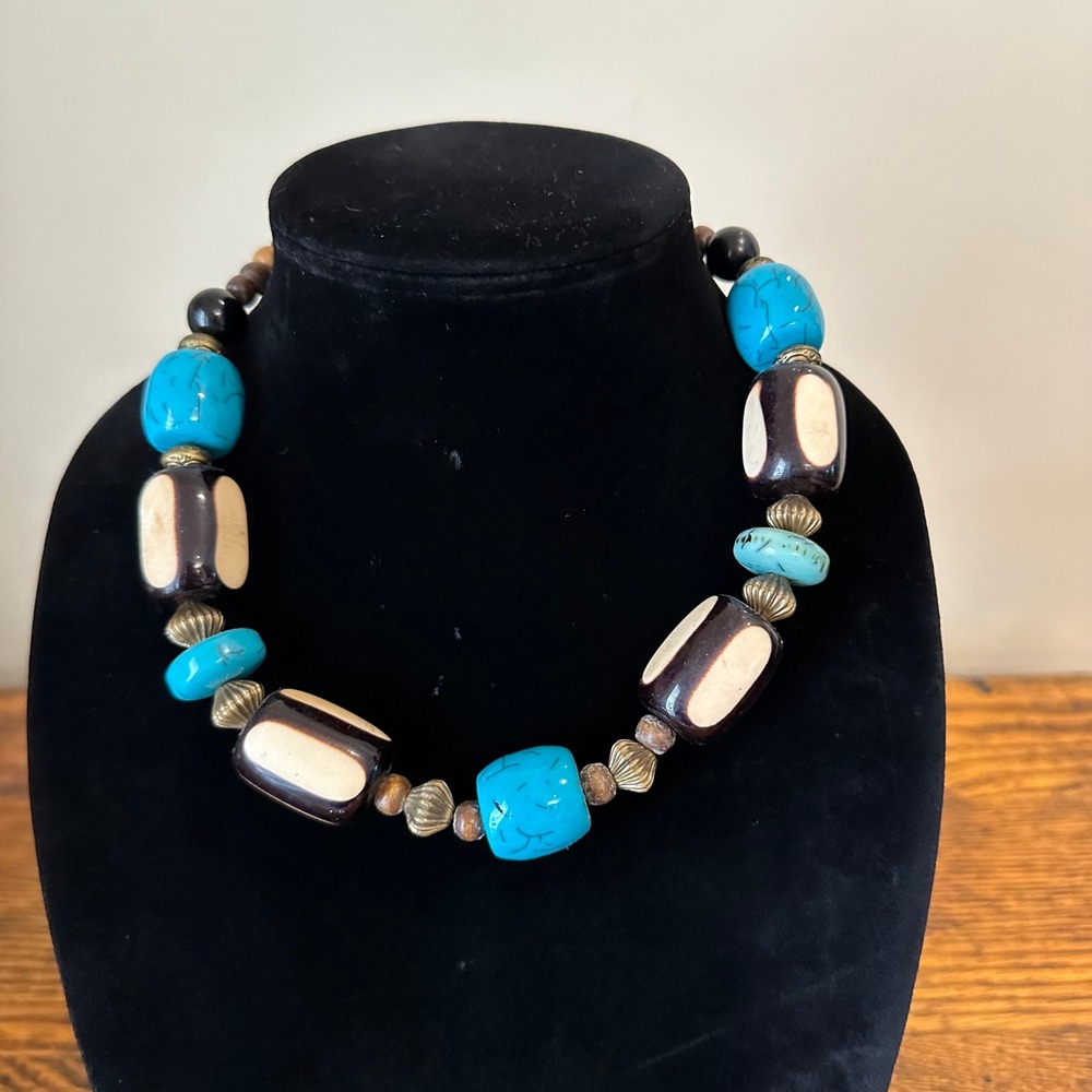 Boho‎ Chunky Turquoise Bone Wood Bead Statement Necklace Adjustable 19''